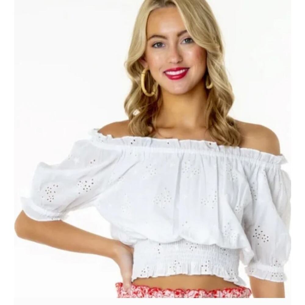 Olivia James the label Gia Off The Shoulder Top Sz XS Cotton White Eyelet Shirt